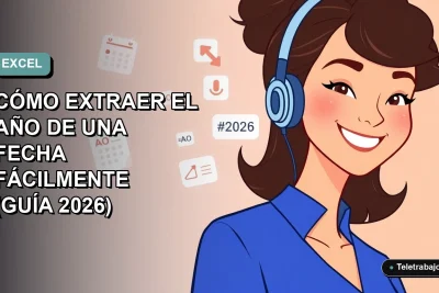 Ilustración vectorial plana de mujer profesional chilena sonriente, con blusa azul, junto a gráficos flotantes de Excel que muestran la fórmula AÑO, sobre fondo degradado suave de color aguamarina.