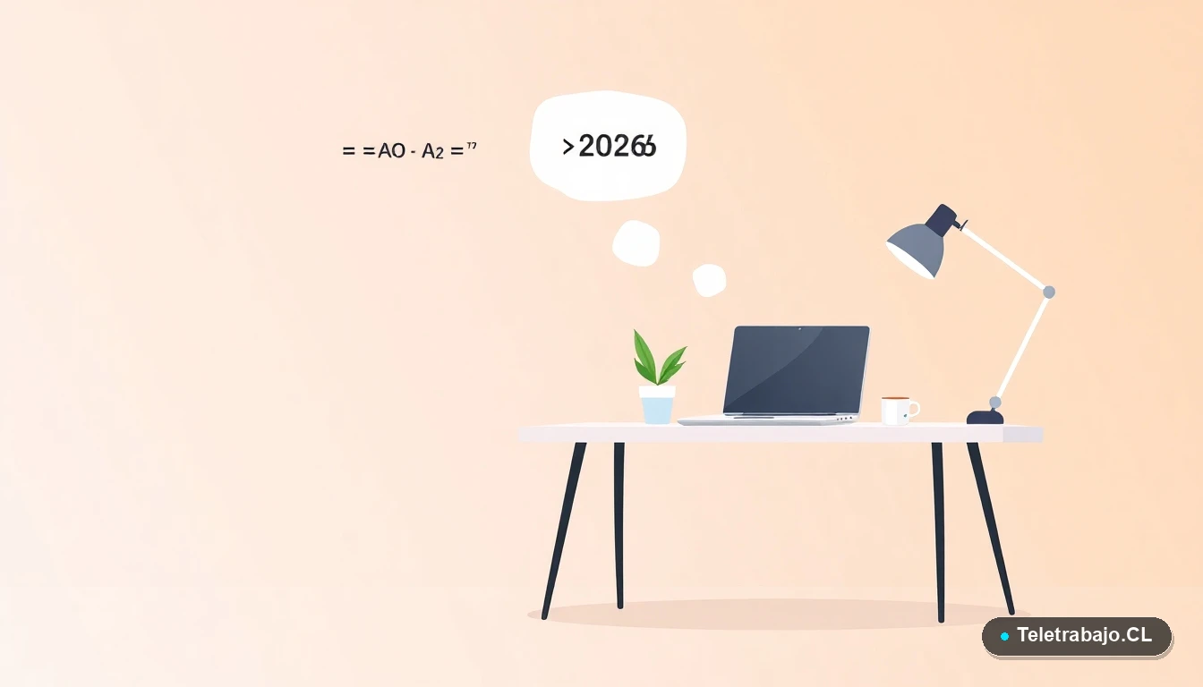 Escritorio moderno minimalista con laptop mostrando una hoja de cálculo de Excel. Sobre el escritorio, una burbuja de pensamiento ilustra la fórmula =AÑO(A2) resultando en 2026, fondo degradado lila.