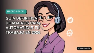 Ilustración plana corporativa de una mujer profesional chilena sonriendo junto a íconos de Excel, sobre fondo degradado verde azulado, representando automatización de trabajo.