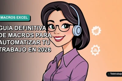 Ilustración plana corporativa de una mujer profesional chilena sonriendo junto a íconos de Excel, sobre fondo degradado verde azulado, representando automatización de trabajo.