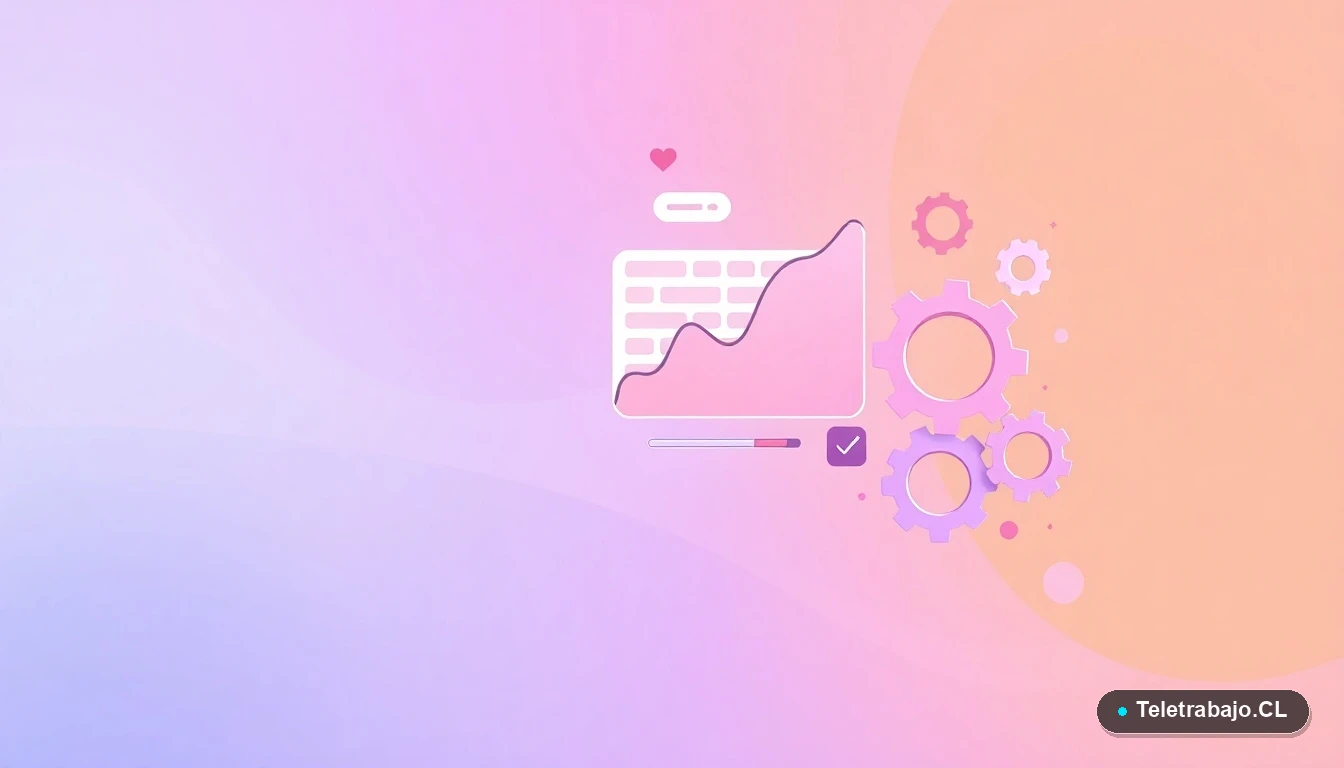 Composición abstracta de interfaz de usuario con ícono de planilla Excel, gráficos y engranajes flotantes en colores lavanda y durazno, concepto de automatización de datos.