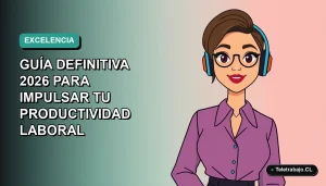 Ilustración vectorial plana de una mujer profesional chilena sonriendo, con fondo degradado azul verdoso, representando dominio de Excel para aumentar la productividad en la oficina.
