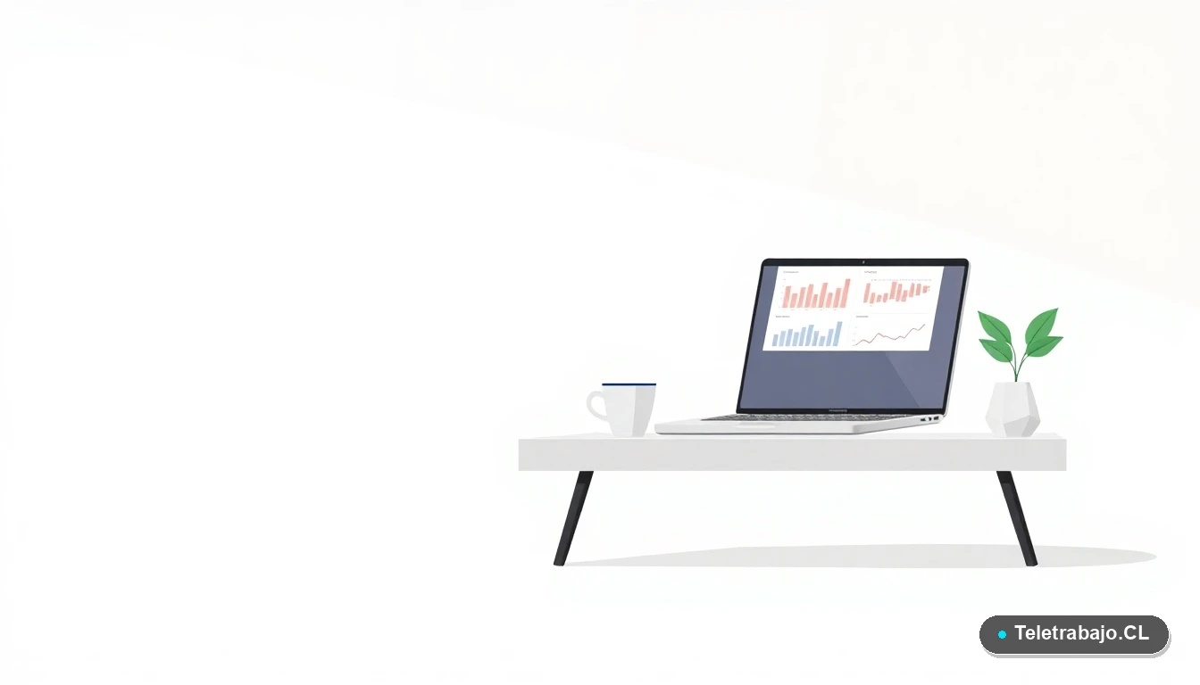 Escritorio moderno minimalista con laptop, gráficos de datos abstractos y una planta, sobre fondo degradado menta, simbolizando un espacio de trabajo productivo y organizado en Chile.