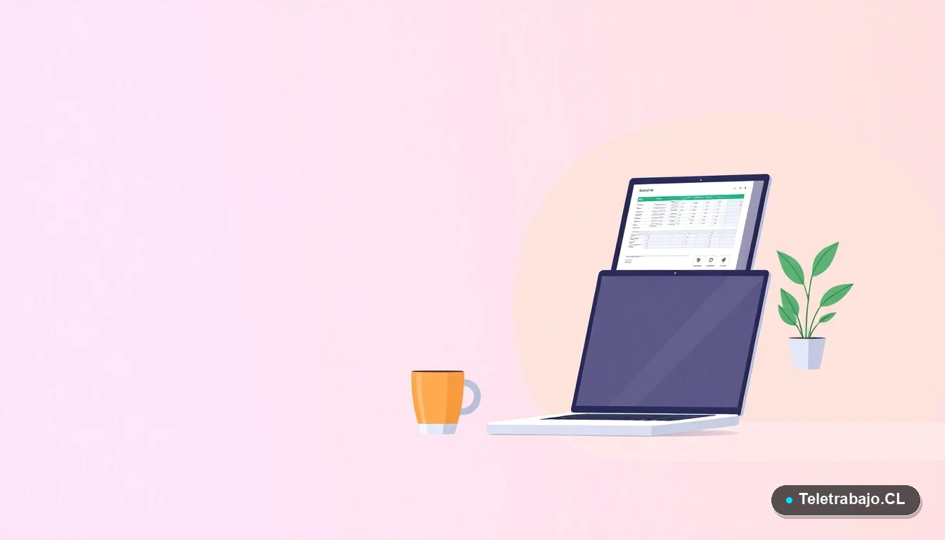 Escritorio moderno minimalista con laptop, taza de café y planta, representando el espacio de trabajo para dominar Excel.