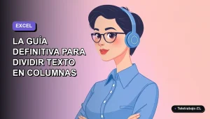 Ilustración plana vectorial de una mujer profesional chilena sonriente, con blusa azul y corte de pelo moderno, sobre fondo degradado lavanda y blanco. Representa el dominio de Excel.