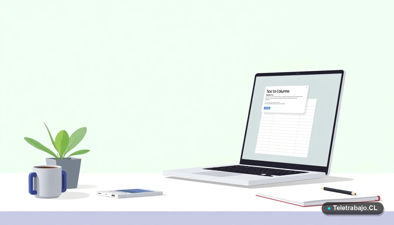 Pantalla de laptop con interfaz de Excel mostrando el asistente para dividir texto en columnas, sobre un escritorio minimalista con una planta, en fondo degradado menta.