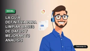 Ilustración plana corporativa de un trabajador remoto masculino con camisa azul, sonriendo junto a íconos de gráficos y datos, sobre un fondo degradado verde suave.