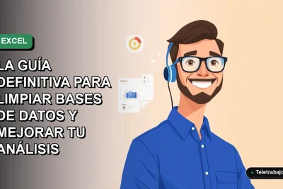 Ilustración plana corporativa de un trabajador remoto masculino con camisa azul, sonriendo junto a íconos de gráficos y datos, sobre un fondo degradado verde suave.