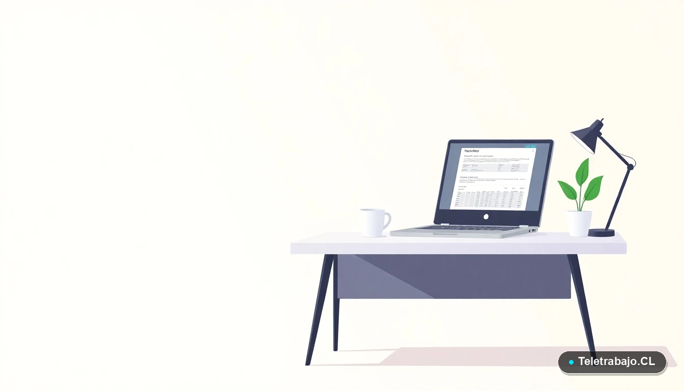 Escritorio moderno minimalista con laptop abierto mostrando una hoja de cálculo de Excel, una taza y una planta, sobre fondo degradado color menta.