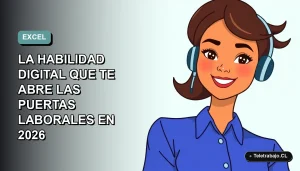 Ilustración vectorial plana de una mujer profesional chilena sonriendo, con blusa azul, mirando hacia la izquierda, sobre un fondo degradado suave de color verde menta. Concepto de habilidades digitales y oportunidades laborales.