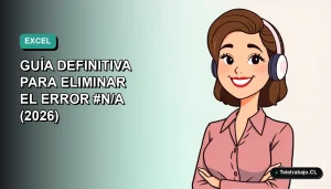 Ilustración plana corporativa de una trabajadora remota feliz junto a su laptop, con fondo degradado azul verdoso. Representa el dominio de Excel en teletrabajo.