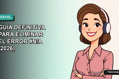 Ilustración plana corporativa de una trabajadora remota feliz junto a su laptop, con fondo degradado azul verdoso. Representa el dominio de Excel en teletrabajo.