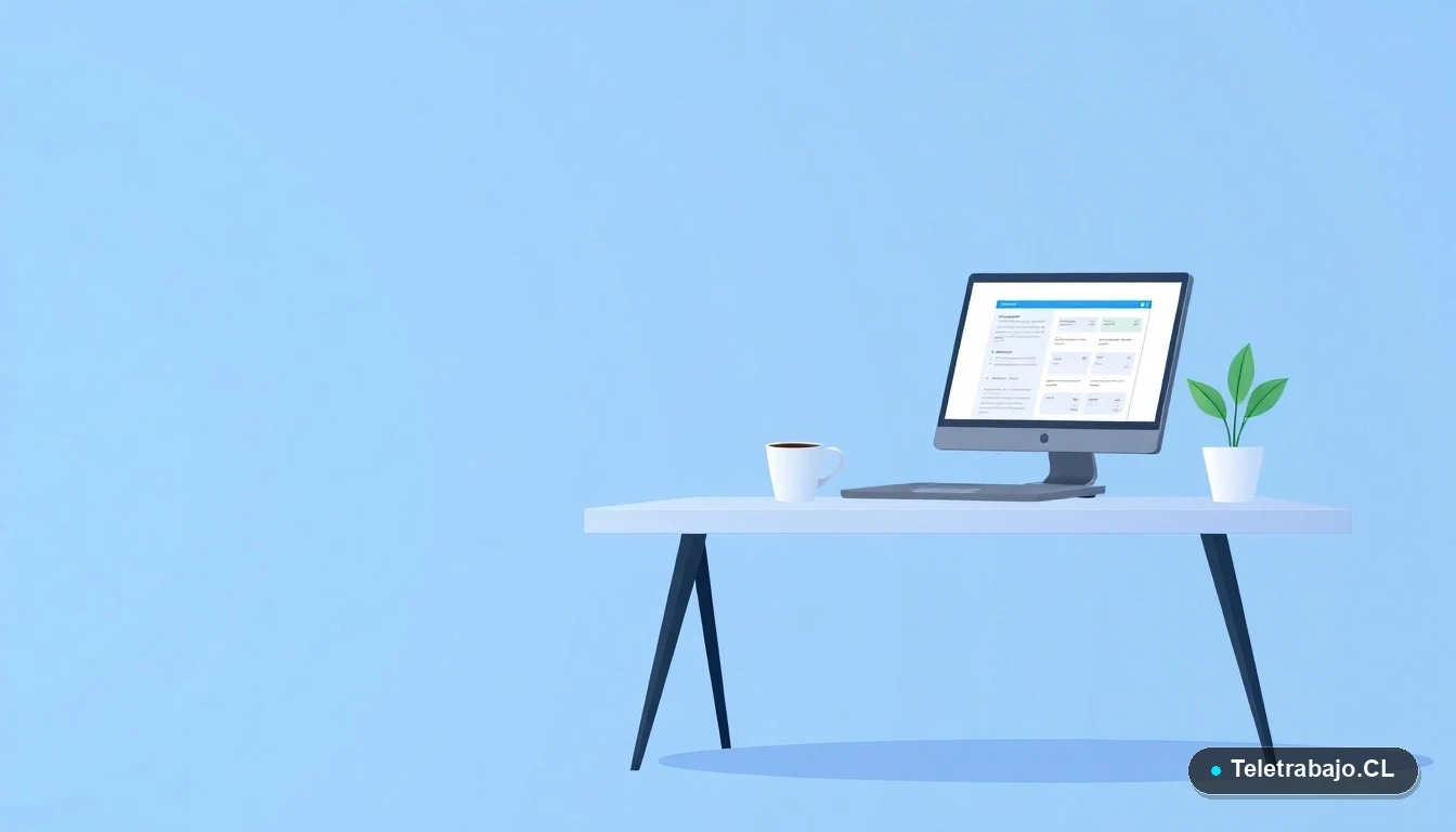 Escritorio moderno minimalista para teletrabajo con laptop, taza de café y planta, sobre fondo degradado azul. Concepto de productividad y oficina en casa sin errores.