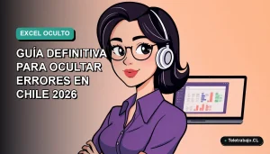 Ilustración plana vectorial de mujer profesional chilena trabajando remoto con Excel en pantalla, fondo degradado azul verdoso.