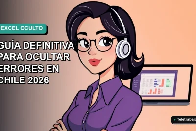 Ilustración plana vectorial de mujer profesional chilena trabajando remoto con Excel en pantalla, fondo degradado azul verdoso.