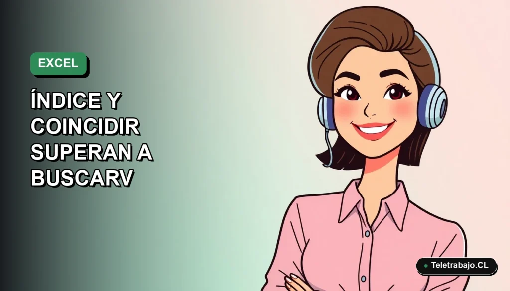 Ilustración vectorial plana de una mujer profesional de teletrabajo sonriendo, con fondo degradado azul verdoso. Representa dominio de fórmulas avanzadas de Excel como ÍNDICE y COINCIDIR.