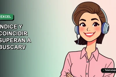 Ilustración vectorial plana de una mujer profesional de teletrabajo sonriendo, con fondo degradado azul verdoso. Representa dominio de fórmulas avanzadas de Excel como ÍNDICE y COINCIDIR.