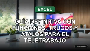 Guía definitiva de Excel 2026 para teletrabajo con funciones y atajos clave en pantalla con gráficos abstractos.