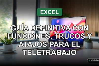 Guía definitiva de Excel 2026 para teletrabajo con funciones y atajos clave en pantalla con gráficos abstractos.