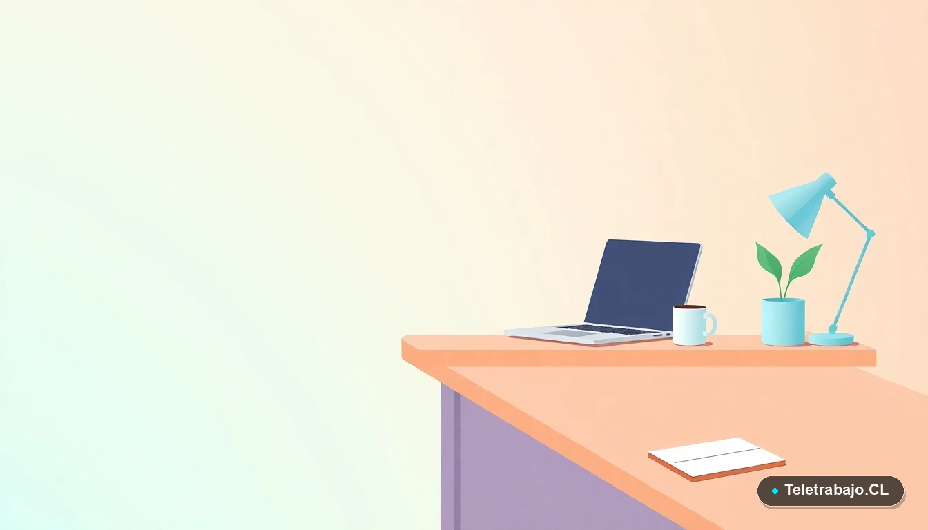 Escritorio moderno y minimalista con laptop, cuaderno, planta y taza de café en estilo ilustración vectorial plana. Fondo degradado en tonos menta y verde azulado. Espacio de trabajo productivo para aprender Excel.