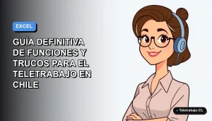 Ilustración plana vectorial de una mujer profesional chilena trabajando remotamente con Excel en su laptop, fondo con gradiente suave azul y gris.