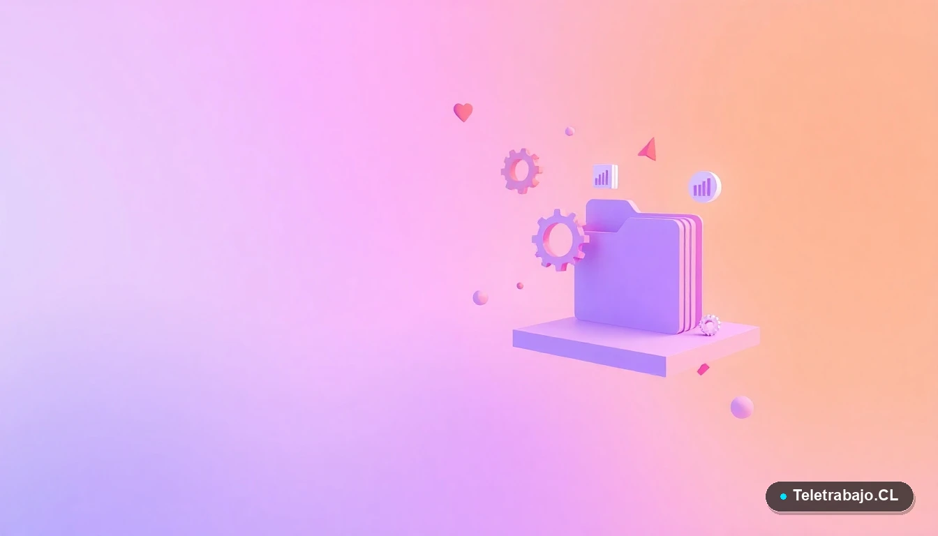 Interfaz de usuario abstracta con gráficos flotantes, engranajes y carpetas en estilo ilustración plana, representando el dominio de Excel para el teletrabajo.