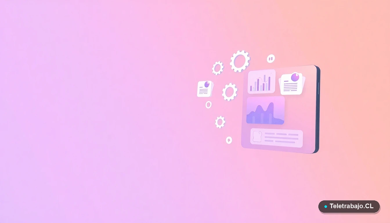 Interfaz de usuario abstracta con gráficos, engranajes y carpetas flotantes en estilo vectorial plano, sobre fondo degradado lila, simbolizando el análisis de datos y la productividad.