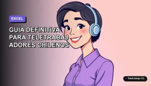 Ilustración plana de mujer chilena teletrabajando sonriendo, con fondo degradado lila suave, promocionando curso de Excel 2026.