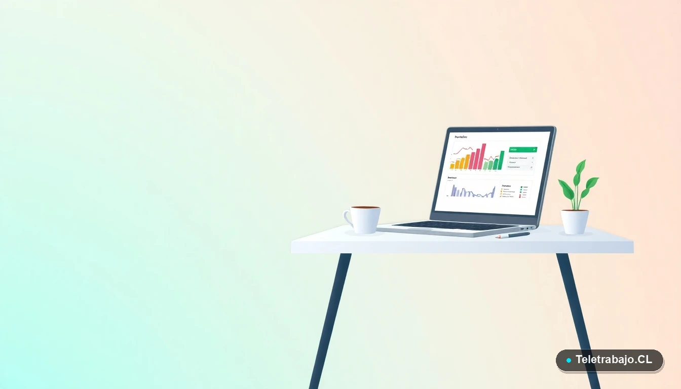 Escritorio moderno minimalista para teletrabajo con laptop mostrando gráficos de Excel, taza de café y planta, sobre fondo degradado fresco.