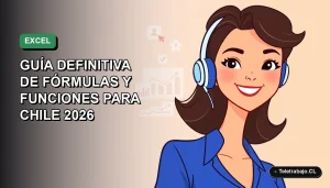 Ilustración plana corporativa de una mujer profesional chilena sonriente, con blusa azul, junto a gráficos y un laptop, sobre fondo degradado verde. Guía de Excel para oficina.