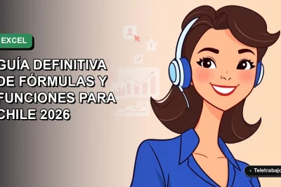 Ilustración plana corporativa de una mujer profesional chilena sonriente, con blusa azul, junto a gráficos y un laptop, sobre fondo degradado verde. Guía de Excel para oficina.