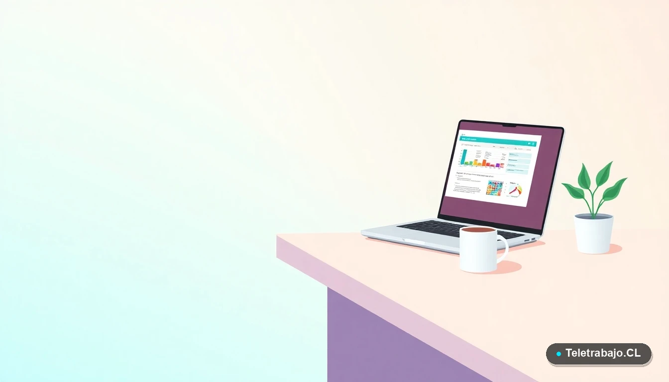 Escritorio moderno minimalista con laptop mostrando hoja de cálculo de Excel, taza de café y planta, sobre fondo degradado frío azul verdoso. Espacio de trabajo limpio y productivo.