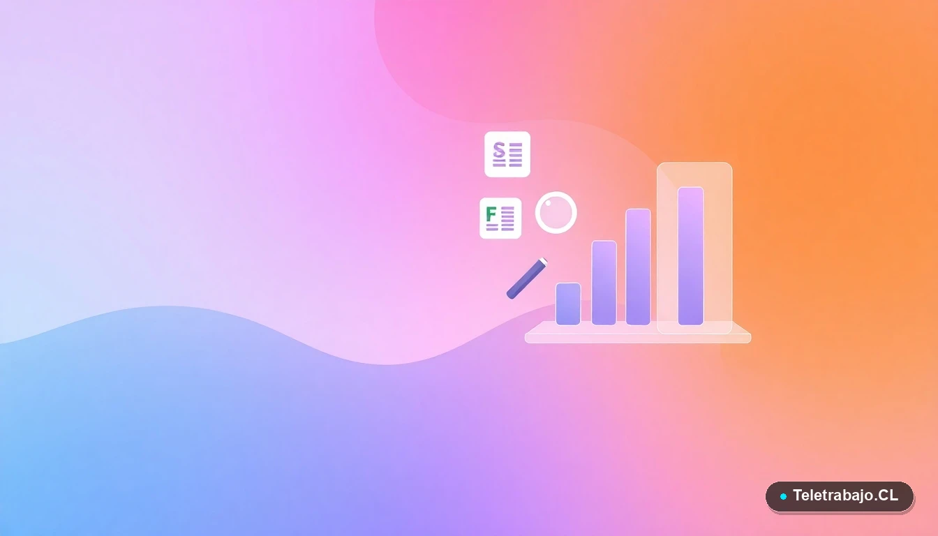 Ilustración abstracta de interfaz de usuario con gráfico flotante, icono de hoja de cálculo y lupa sobre fondo degradado lila y durazno. Representa búsqueda de datos en Excel.