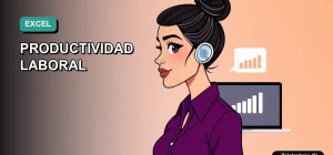 Ilustración vectorial plana de estilo premium para blog, mostrando una mujer profesional de teletrabajo con una laptop, sobre un fondo degradado suave. Concepto de productividad y eficiencia en Excel.