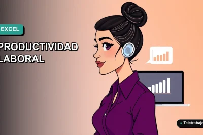 Ilustración vectorial plana de estilo premium para blog, mostrando una mujer profesional de teletrabajo con una laptop, sobre un fondo degradado suave. Concepto de productividad y eficiencia en Excel.