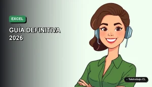 Ilustración vectorial plana de una estudiante chilena sonriente, con blusa verde, aprendiendo Excel en su laptop. Fondo con degradado suave de color verde mar.