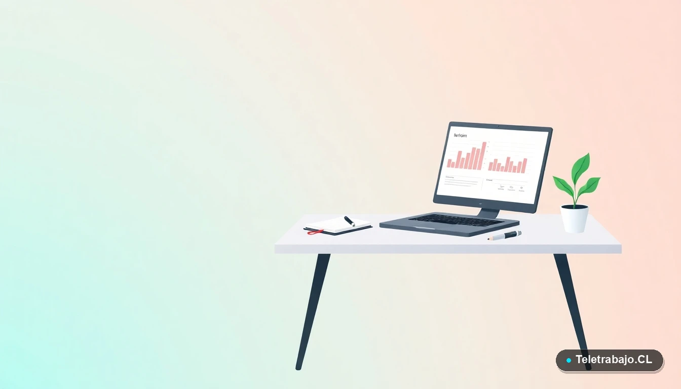 Escritorio moderno vacío con laptop abierta mostrando gráficos, cuaderno y planta, estilo ilustración vectorial plana. Fondo degradado fresco de menta y verde azulado.