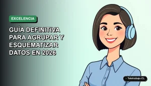 Ilustración plana corporativa de una mujer profesional feliz, con blusa azul y corte bob, sonriendo frente a un fondo degradado suave. Representa el dominio de Excel.