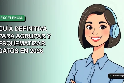 Ilustración plana corporativa de una mujer profesional feliz, con blusa azul y corte bob, sonriendo frente a un fondo degradado suave. Representa el dominio de Excel.