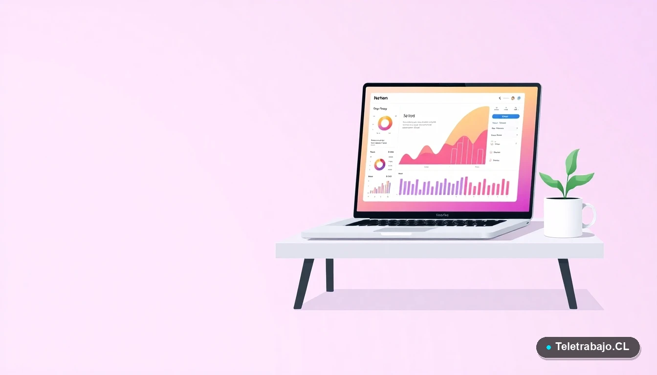 Escritorio moderno minimalista con laptop mostrando gráficos de datos, planta suculenta y taza de café, sobre fondo degradado lila. Concepto de organización digital y productividad.
