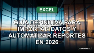 Guía profesional de Excel 2026 para importar datos y automatizar reportes en oficina moderna.