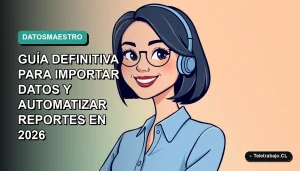 Ilustración vectorial plana de una mujer profesional remota, con blusa azul y corte bob, sonriendo. Fondo con gradiente suave de azul verdoso a menta. Espacio negativo a la izquierda. Concepto de automatización de Excel y reportes.