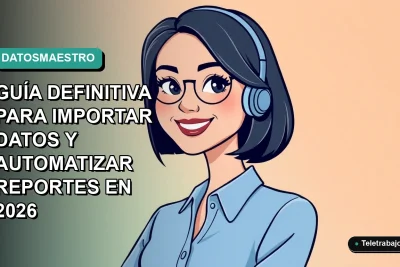 Ilustración vectorial plana de una mujer profesional remota, con blusa azul y corte bob, sonriendo. Fondo con gradiente suave de azul verdoso a menta. Espacio negativo a la izquierda. Concepto de automatización de Excel y reportes.