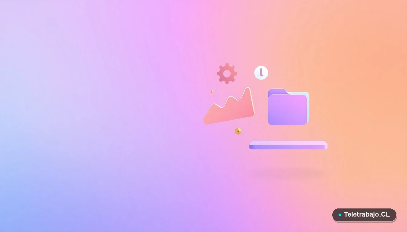 Ilustración abstracta de interfaz de usuario tecnológica con gráficos flotantes, un engranaje y un ícono de carpeta en colores lavanda y durazno. Fondo con gradiente. Concepto de automatización y datos en Excel.