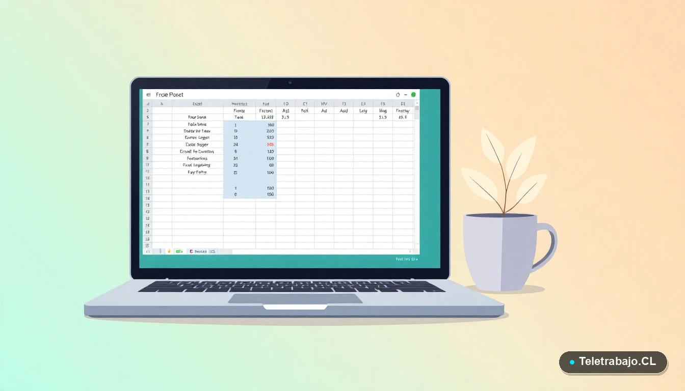 Ilustración vectorial de una configuración de escritorio moderna con una laptop mostrando Excel con paneles inmovilizados, junto a una taza de café y una planta, sobre un fondo de gradiente menta.