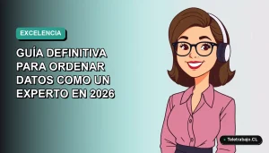 Ilustración plana corporativa de una mujer profesional de teletrabajo sonriente, con fondo degradado azul verdoso. Guía definitiva para dominar Excel y ordenar datos como experto.