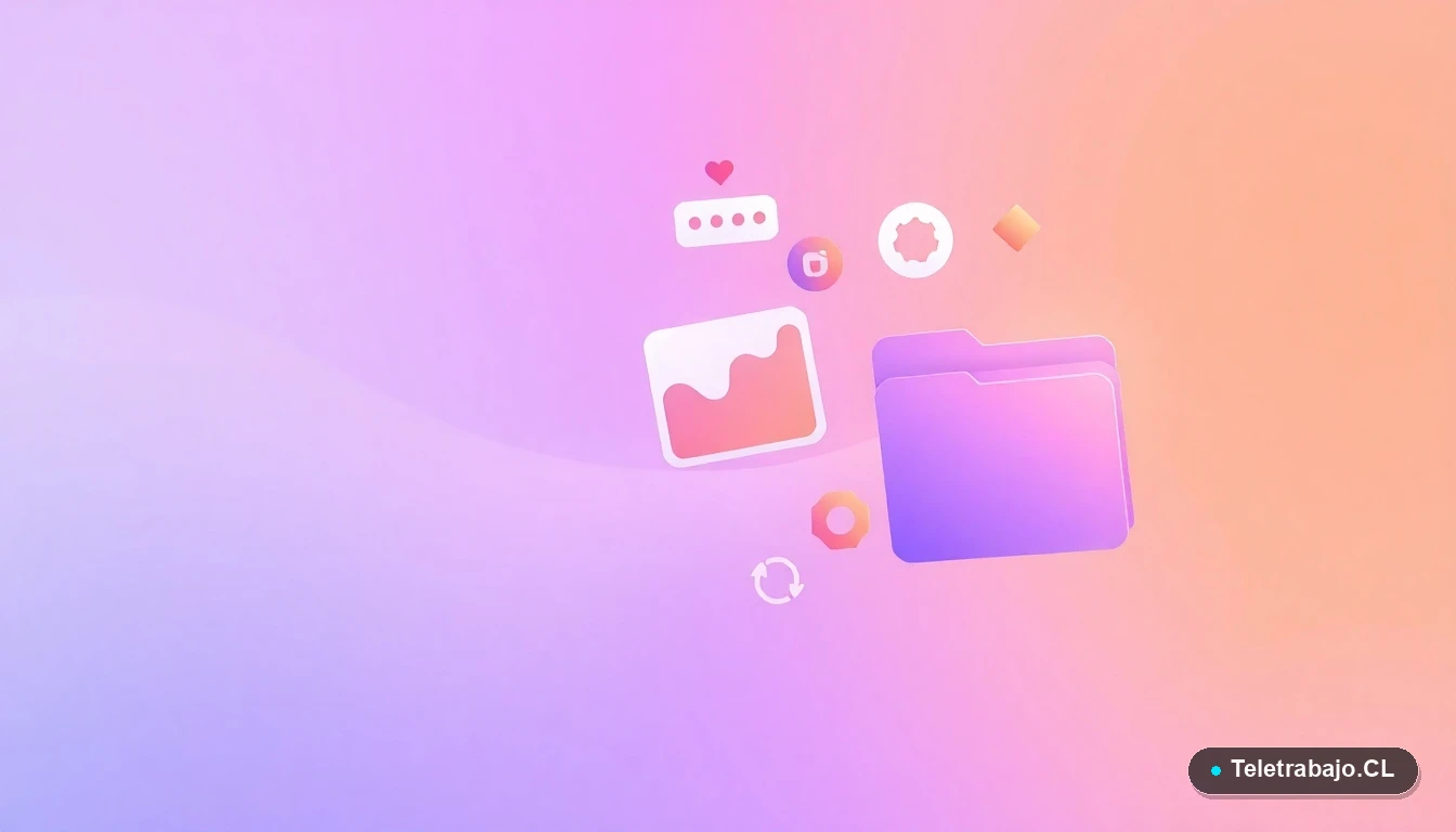 Elementos de interfaz de usuario abstractos y modernos: gráficos flotantes, un engranaje y carpetas estilizadas sobre un fondo degradado lavanda. Representación visual de datos y productividad.