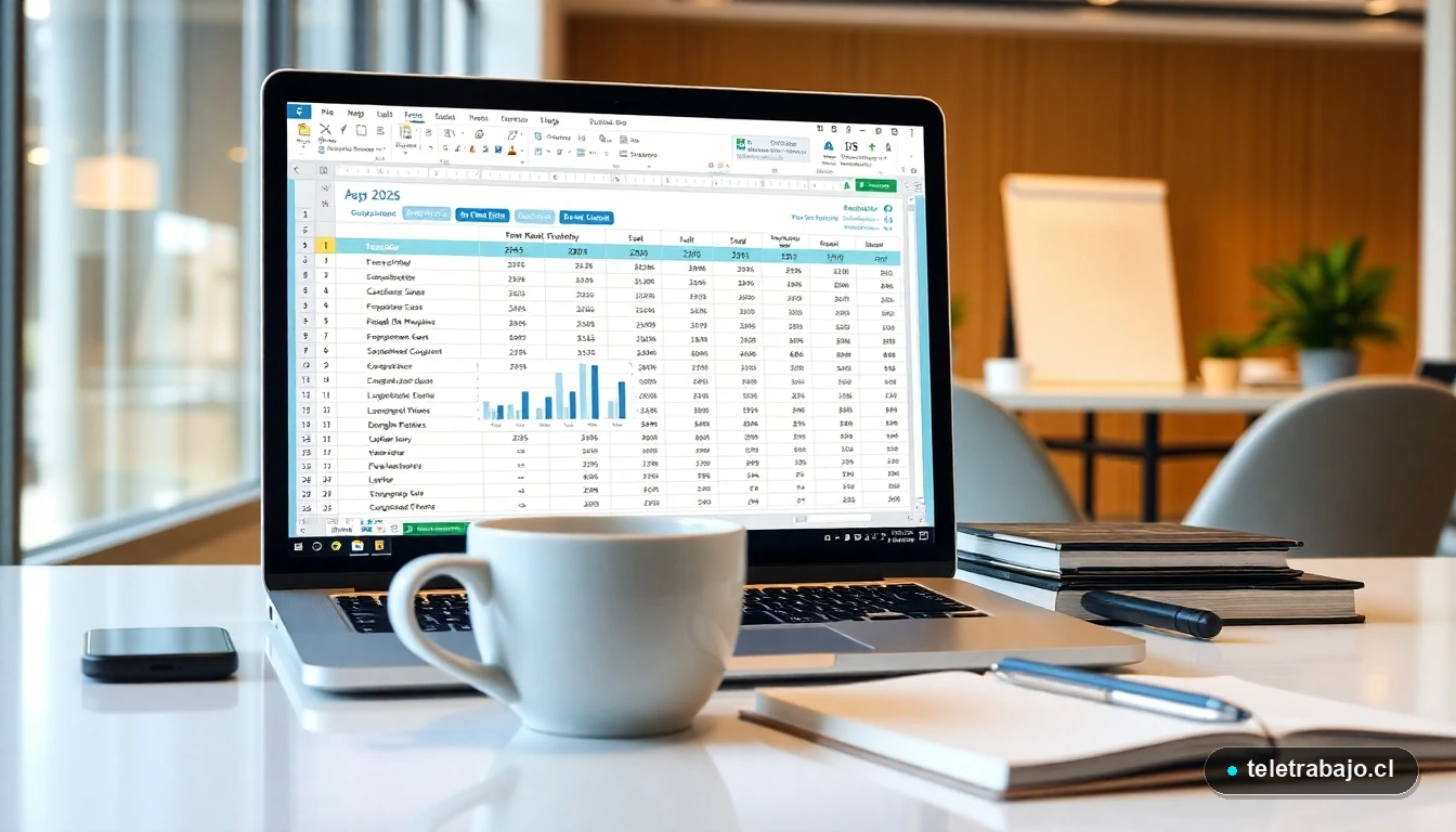 Pantalla de Excel 2026 mostrando planilla de gestión de equipos híbridos y control de aforo en oficina chilena