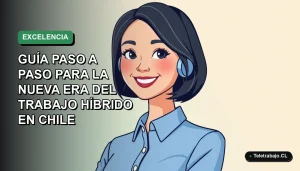 Ilustración plana vectorial de una mujer profesional chilena con blusa azul y pelo corto, sonriendo, sobre fondo degradado verde suave. Representa el dominio de Excel en el trabajo híbrido.