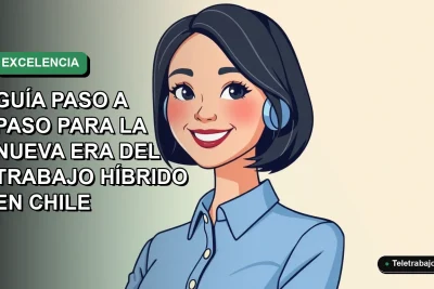 Ilustración plana vectorial de una mujer profesional chilena con blusa azul y pelo corto, sonriendo, sobre fondo degradado verde suave. Representa el dominio de Excel en el trabajo híbrido.